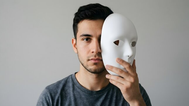 Mysterious halloween portrait young man holding a blank white mask concealing identity for spooky season
