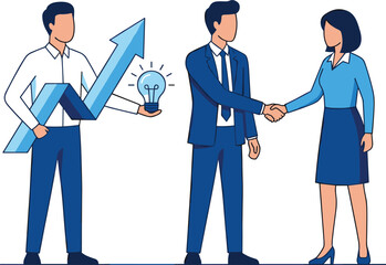 Fototapeta premium Business partnership contract agreement flat line illustration with handshake team holding growth chart arrow and light bulb idea