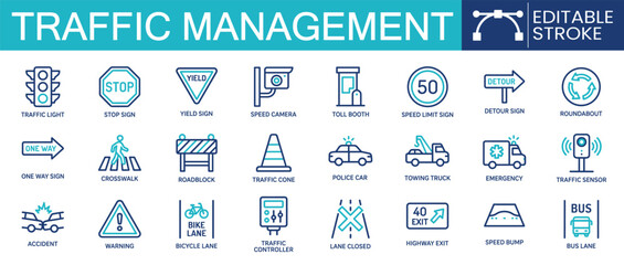 Set of 24 outline icons related to traffic management. Containing traffic light, stop sign, speed camera, crosswalk, police car and more. Linear icon collection. Editable stroke. Vector illustration © ToufikGlyph