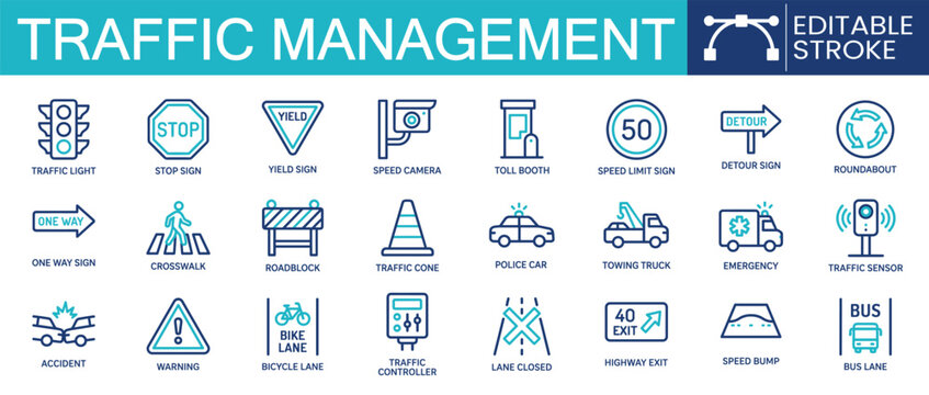 Set of 24 outline icons related to traffic management. Containing traffic light, stop sign, speed camera, crosswalk, police car and more. Linear icon collection. Editable stroke. Vector illustration