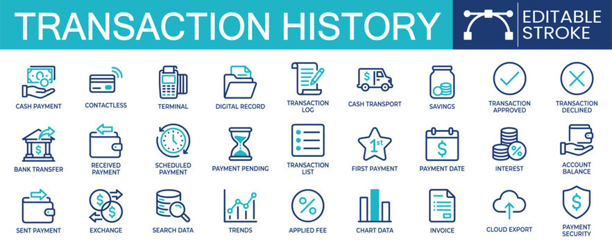 Set of 27 outline icons related to transaction history. Containing cash payment, bank transfer, invoice, payment security, transaction log and more. Linear icon collection. Editable stroke. Vector