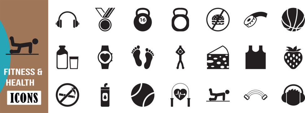 Fitness and health vector icons. headphones icon set, kettlebell icon set, basketball icon set