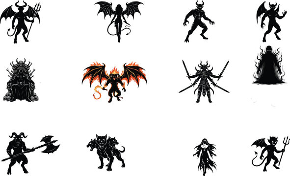Set of demonic and supernatural creatures including winged devils, horned monsters, hellhounds, and dark entities in black and white style