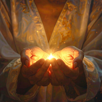 Woman holding glowing light in cupped hands
