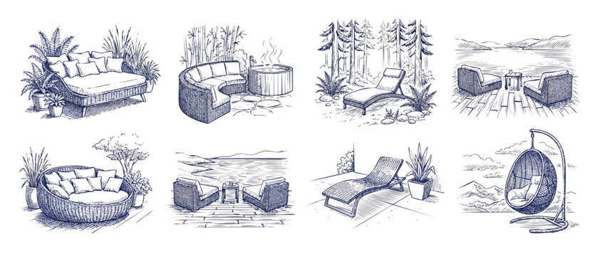 Outdoor patio furniture sketch set of hand-drawn garden lounge sofas, chairs, sunbeds, and hot tub. Ink engraving style illustrations of modern backyard terrace decor and poolside deck seating.