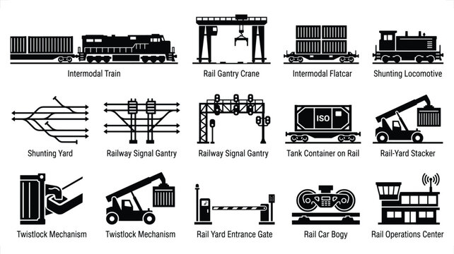 Railway logistics icons with intermodal transport and yard equipment in a clean vector style