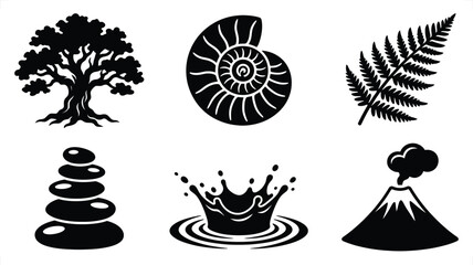 Six organic elements in black silhouette form against a white background including a tree stones ammonite fern water splash and volcano for concept © Graphic Seller