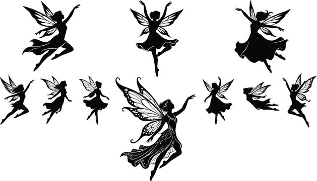 Beautiful dancing fairy silhouettes vector set featuring magical winged pixies flying and posing in gowns