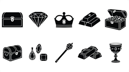 Treasure chest with jewels crown scepter and gold bars on a white background © Graphic Seller
