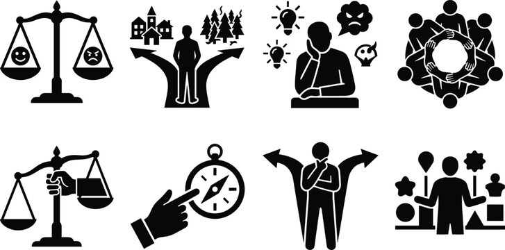 PrintSolid black silhouette icon set representing business ethics, moral compass, and decision making concepts for commercial design