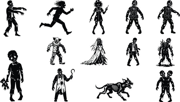 Zombie and undead creature collection featuring walking dead, nurses, soldiers, clowns, and monsters in black and white