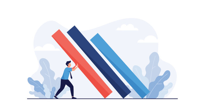 Determined professional man struggles to push back falling bar chart columns to prevent financial crisis or business failure in an office.