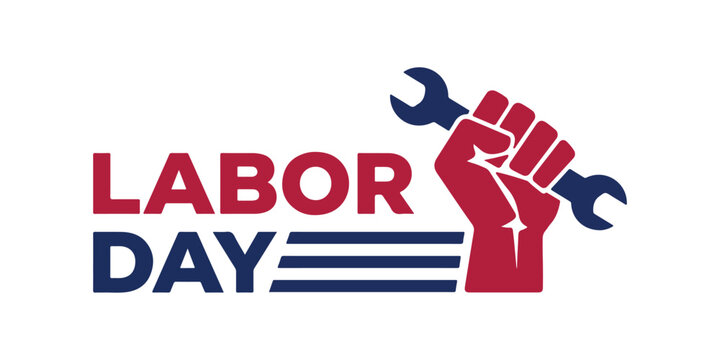Labor day celebration vector logo icon isolated on white background with red raised fist holding wrench worker union and industry solidarity concept