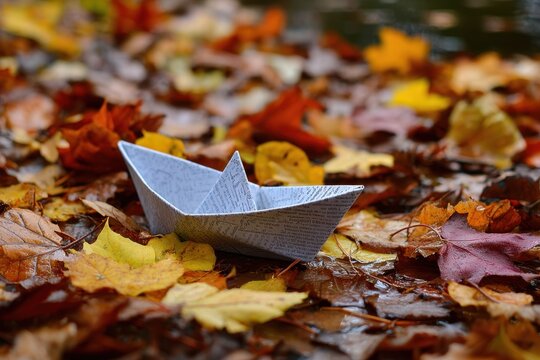 Paper boat floating on colorful autumn leaves in a calm water setting