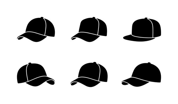Black Baseball Caps Set, Six Silhouette Icons, Headwear Collection, Fashion Accessories