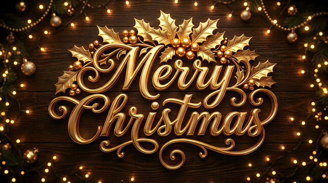 Merry christmas gold text with holly leaves and glowing fairy lights on a dark black background