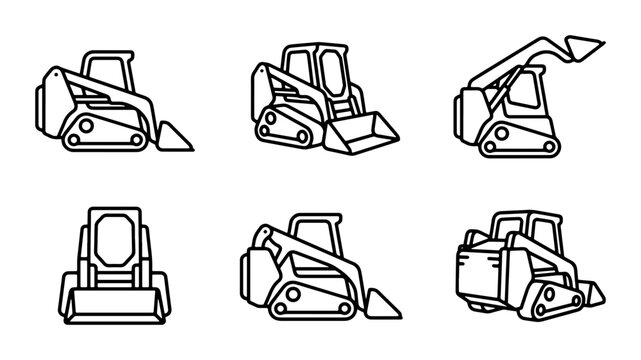 Skid Steer Loader Icons, Compact Construction Vehicle Set, Industrial Machine Vector Graphics