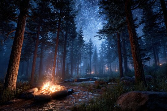 Starry night over a campfire in a serene forest location among tall trees