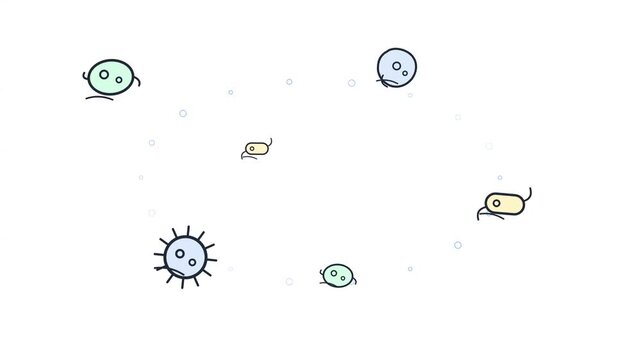 Minimalist bacteria animation on white background, cute cartoon microbe and virus characters, medical science motion graphics for education