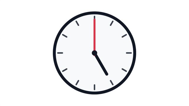 Minimalist analog clock animation, flat vector wall clock with ticking red second hand, time management concept video
