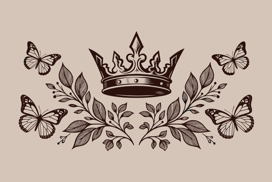 Classic brown crown emblem is framed by leafy branches and flying butterflies on a solid beige background in a vintage engraving style.