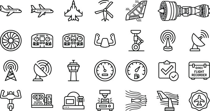 Set of aviation and aerospace featuring aircraft, flight control instruments, radar systems, maintenance tools, and flight recorders