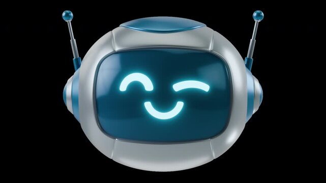 Cute AI chatbot robot character with a friendly face, glowing eyes. 3D Chat bot smiling and winks. Assistant, helper for  communication, support, automated chat. Graphics animation with alpha channel