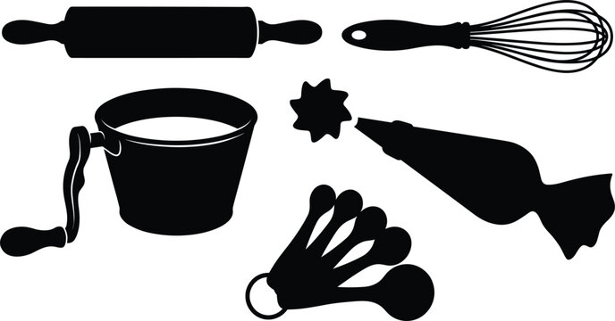 Baking and Kitchen Utensils Concept Illustration Featuring Rolling Pin, Whisk, Flour Sifter, Piping Bag, and Measuring Spoons Silhouette