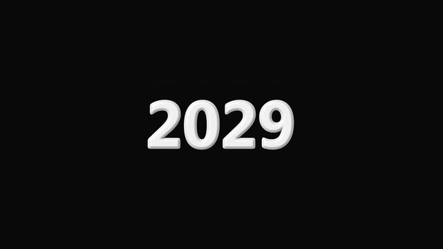 Adam-style counter animation from 2015 to 2029 on a black background. "Rolling year counter transition effect for history videos". Loop animation of old year counter and new year arrival.