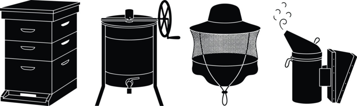 Beekeeping and Apiary Equipment Collection Illustration Featuring Langstroth Beehive, Manual Honey Extractor, Beekeeper Protective Hat with Veil, and Bee Smoker Silhouette