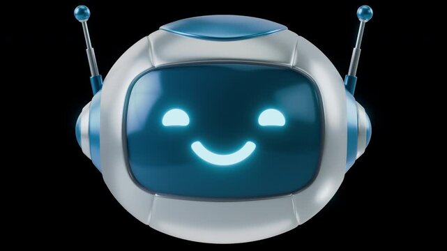 Cute AI chatbot robot with glowing face. 3D Chat bot remains calm, than surprised and smiles. Assistant, helper for  communication, support, automated chat. Graphics animation with alpha channel