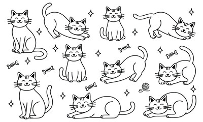 Fototapeta premium Collection of cute hand drawn cartoon cats in various playful poses with happy emotions on a clean white background.