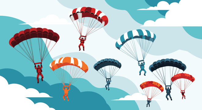 Group of colorful parachutists and skydivers gliding through a cloudy blue sky during a professional aerial sporting event or training.