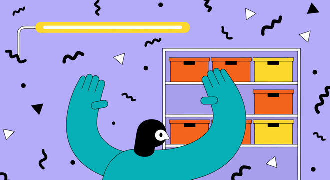 Flat vector illustration of a thief surrendering with hands up in front of storage shelves.
