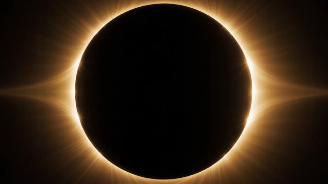 Glowing total solar eclipse celestial event animation featuring a dark moon surrounded by bright light rays