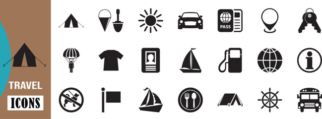 Outdoor travel adventure vector icons. car icon set, passport icon set, tent icon set © Masum
