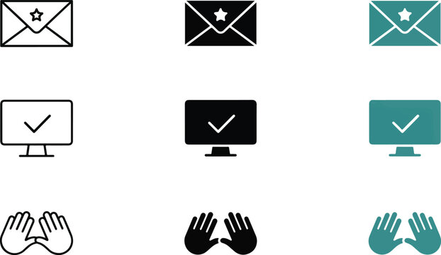 Digital communication and support icon set featuring star envelope email computer checkmark and caring hands