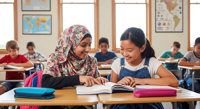 Muslim student in hijab reading a textbook with classmate in primary school