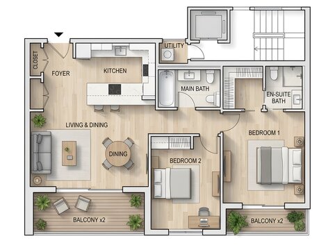 Top down floor plan rendering of a modern residential apartment layout