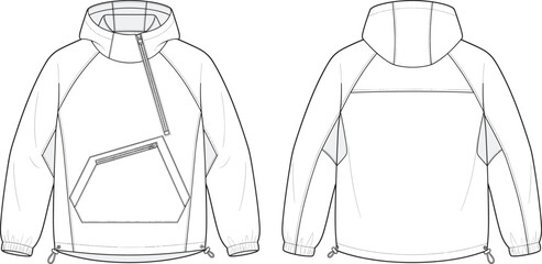 Hooded anorak pullover windbreaker jacket technical flat sketch showing front and back view fashion design apparel template © urmilarani