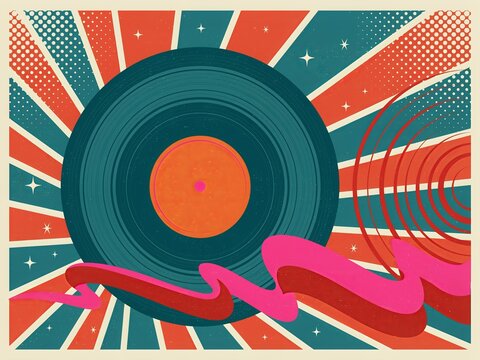Retro vinyl record abstract geometric background featuring colorful shapes vintage music design nostalgic entertainment poster creative artistic composition style