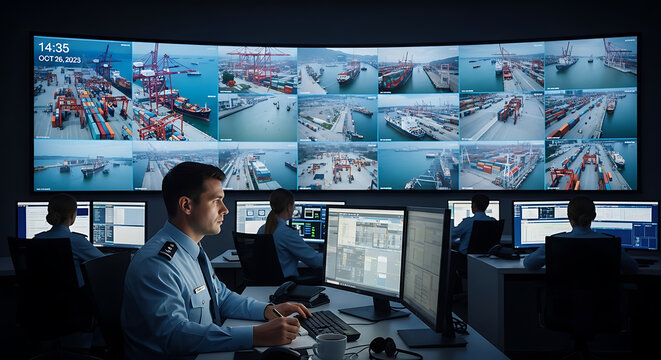 Security operators monitoring shipping docks on a large CCTV screen wall