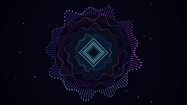A mesmerizing digital visualization of an intricate geometric pattern with glowing neon lights and vibrant colors, creating a captivating abstract composition for modern technology themes