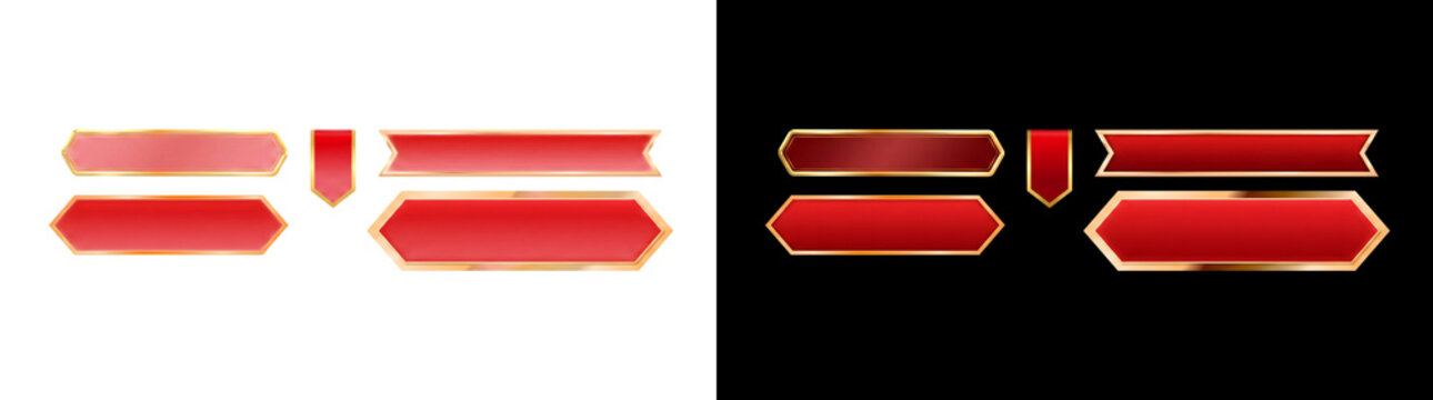 Red gold luxury button frames feature glossy hexagon and ribbon shapes for premium interface design featuring PNG, Transparent and Black Background Versions for design
