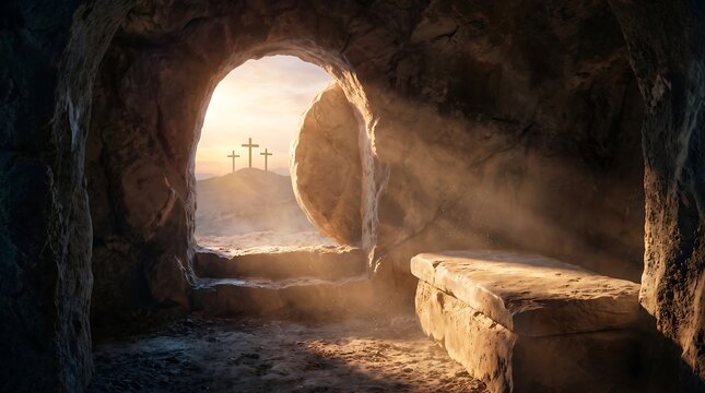 Empty Tomb of Jesus Christ with Stone Rolled Away and Three Crosses on Hill at Sunrise for Holy Easter Resurrection Scene