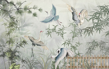  Luxury Asian Chinoiserie Cranes Bamboo and Pine Trees Scenic Mural Wallpaper Vector © Mondal_01