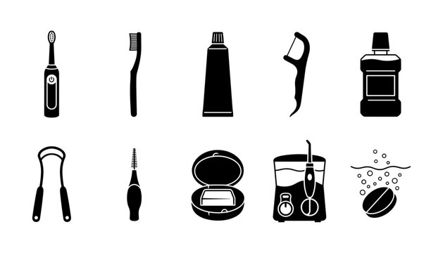 Toothbrushes and Dental Care Items in Black and White Illustration Featuring Toothbrush, Electric, Toothpaste with Hygiene