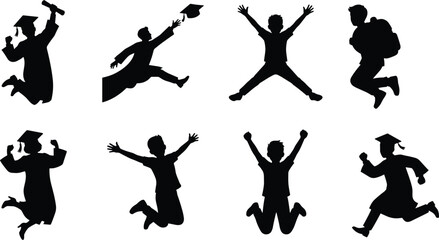 Vector silhouette set of happy students and graduates jumping and celebrating success in education