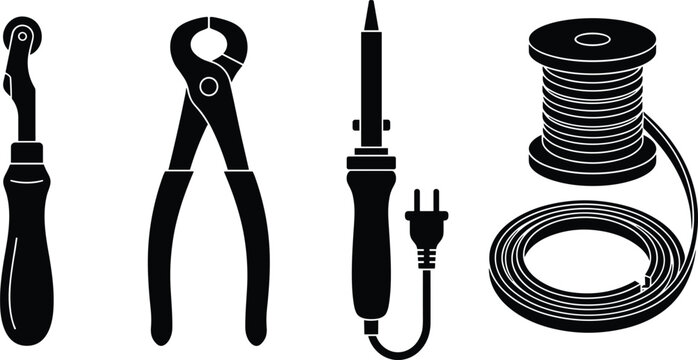 Electronics Repair and Soldering Tools Concept Illustration Featuring Roller Tool, End Cutting Pliers, Soldering Iron, and Solder Wire Spool Silhouette