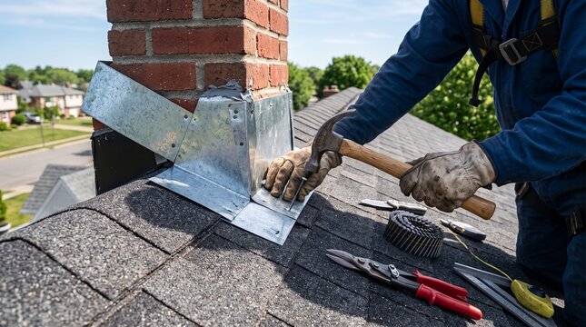 Professional roofer installing metal chimney flashing, contractor repairing roof leak with hammer and tools, residential roofing maintenance service